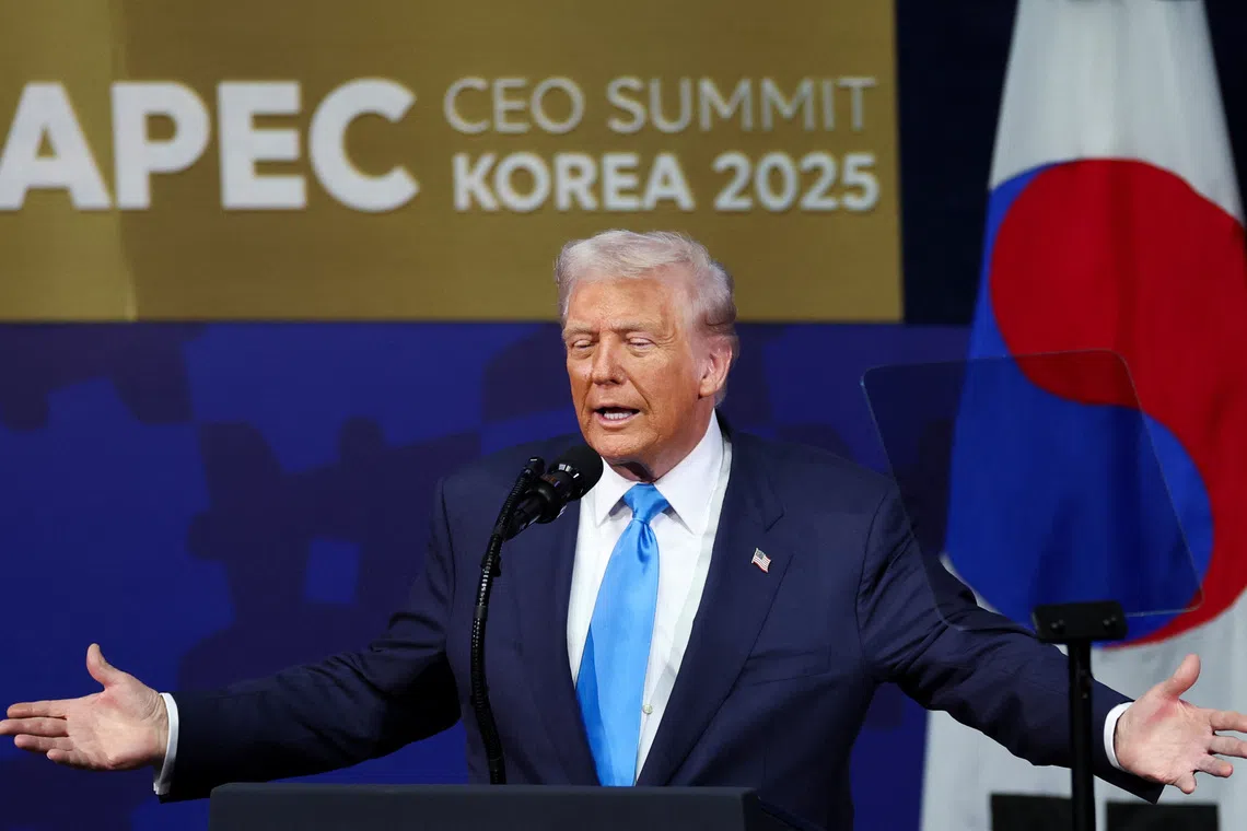 U.S. President Donald Trump speaks at the 2025 Asia-Pacific Economic Cooperation (APEC) CEO Summit in Gyeongju, South Korea, October 29, 2025. REUTERS/Tyrone Siu
