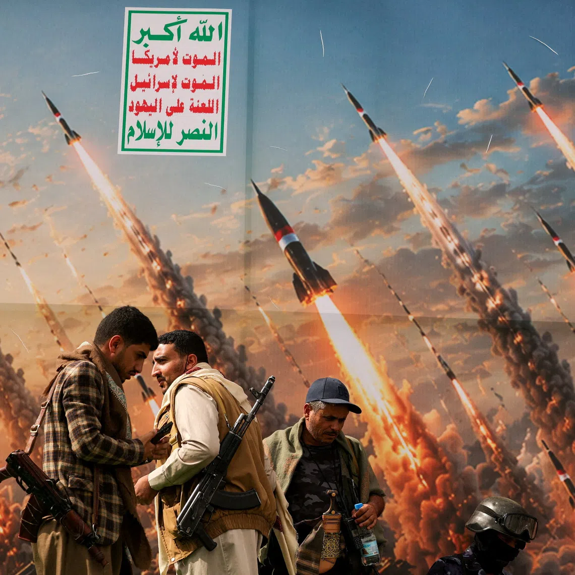 FILE PHOTO: Houthi activists stand on a platform against a banner depicting Houthi missiles, at an anti-Saudi rally amid an escalation with the kingdom, in Sanaa, Yemen, July 31, 2026. REUTERS/Khaled Abdullah/File Photo