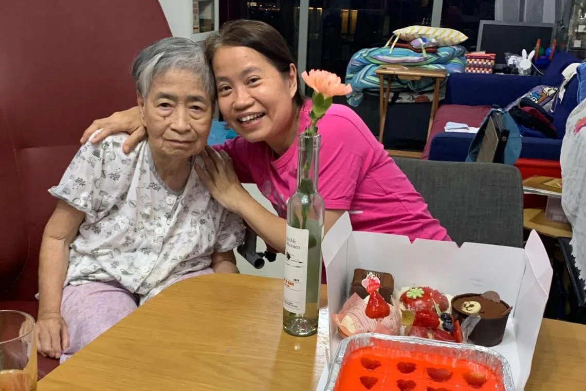 Ms Serene Low (right), seen here with with her mother Madam Chow Fong Kheng, found support for caregivers like herself through Care Corner Singapore.
