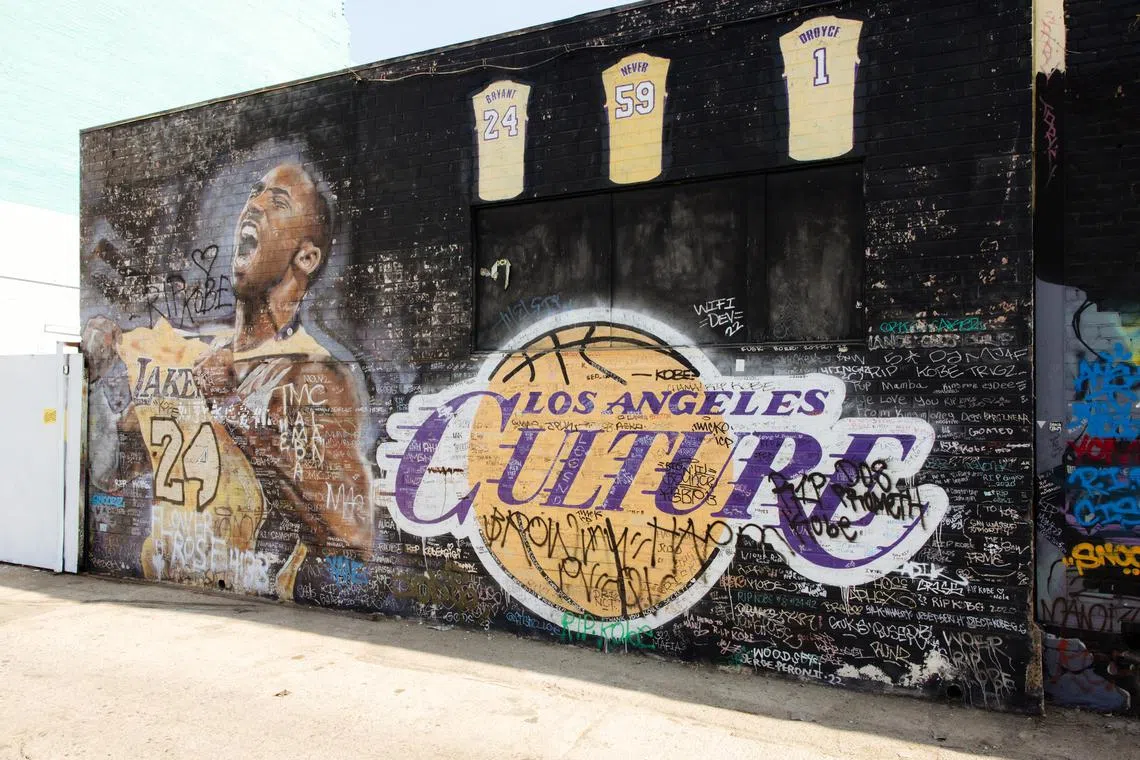 The mural that Jonas Never created during Kobe Bryant's last NBA season, a few blocks from what was then known as Staples Centre in Los Angeles, Jan 19, 2025. There are more than 600 murals honouring Bryant around the world, according to one crowdsourced tally, a majority of them in Southern California.