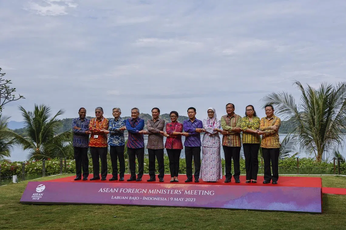 A family photo during the Association of Southeast Asian Nations (ASEAN) Foreign Ministers’ Meeting ahead of the 42nd ASEAN Summit in Labuan Bajo, East Nusa Tenggara, Indonesia on May 9, 2023. Indonesia is hosting the 42nd Asean Summit and related meetings from May 9 to May 11, 2023.