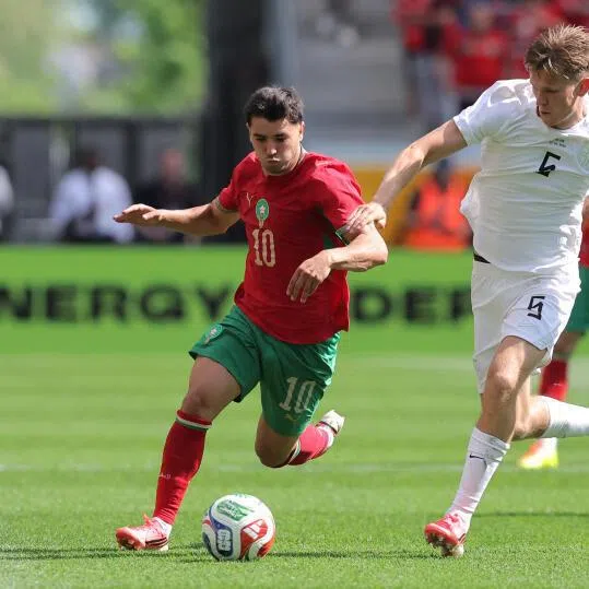 Morocco's Brahim Diaz in action with Norway's David Moller Wolfe during the match in Harrison, New Jersey.