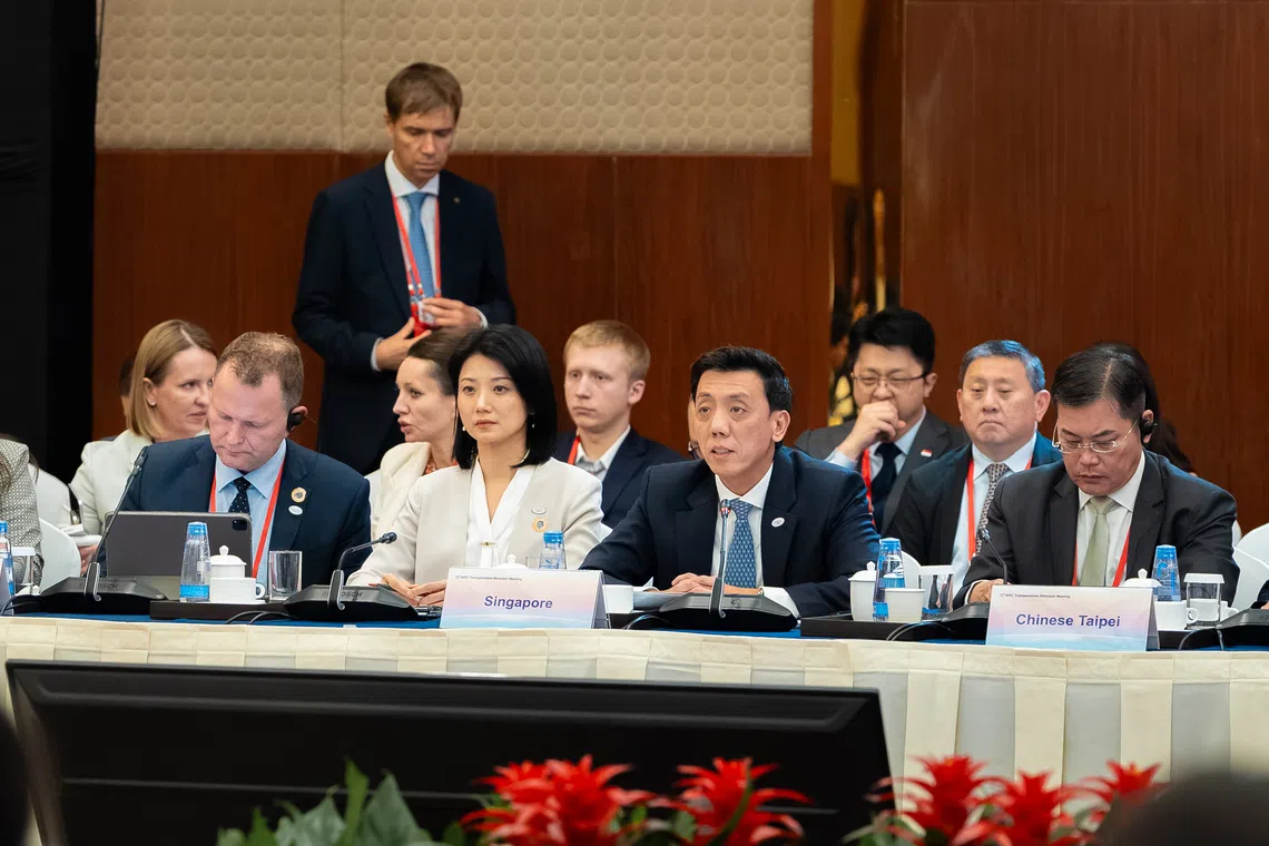 Transport Minister Jeffrey Siow (centre, right) with Senior Minister of State for Transport Sun Xueling (centre, left) at the 12th iteration of APEC Transportation Ministers’ Meeting in Beijing, on Sept 22.