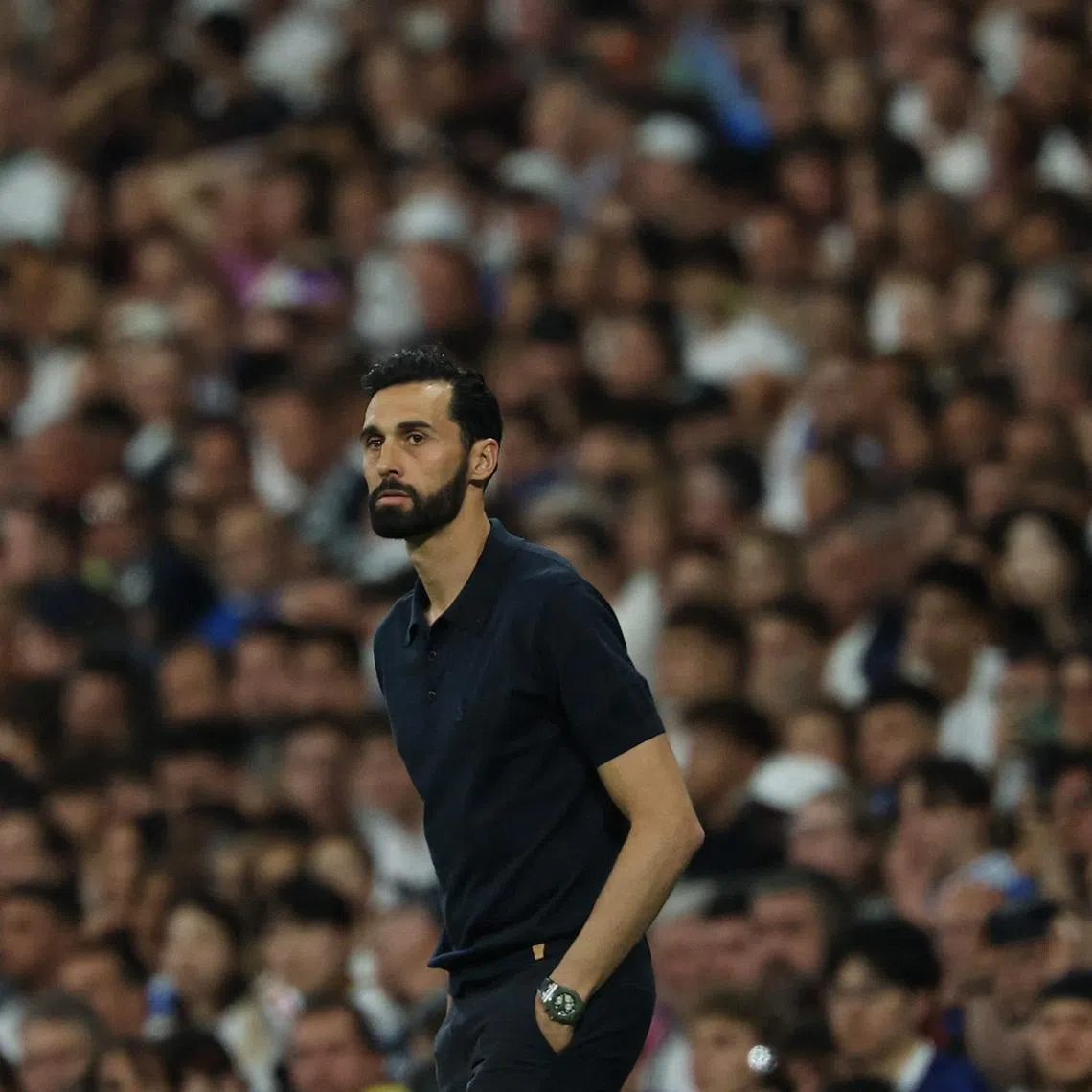 Soccer Football - LaLiga - Real Madrid v Athletic Bilbao - Santiago Bernabeu, Madrid, Spain - May 23, 2026 Real Madrid coach Alvaro Arbeloa reacts REUTERS/Kacper Pempel