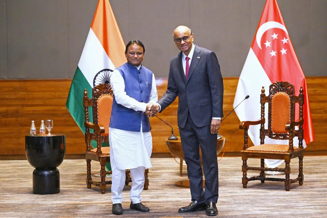Odisha chief minister Mohan Charan Majhi (left) calling on President Tharman Shanmugaratnam in the eastern Indian state on Jan 17.