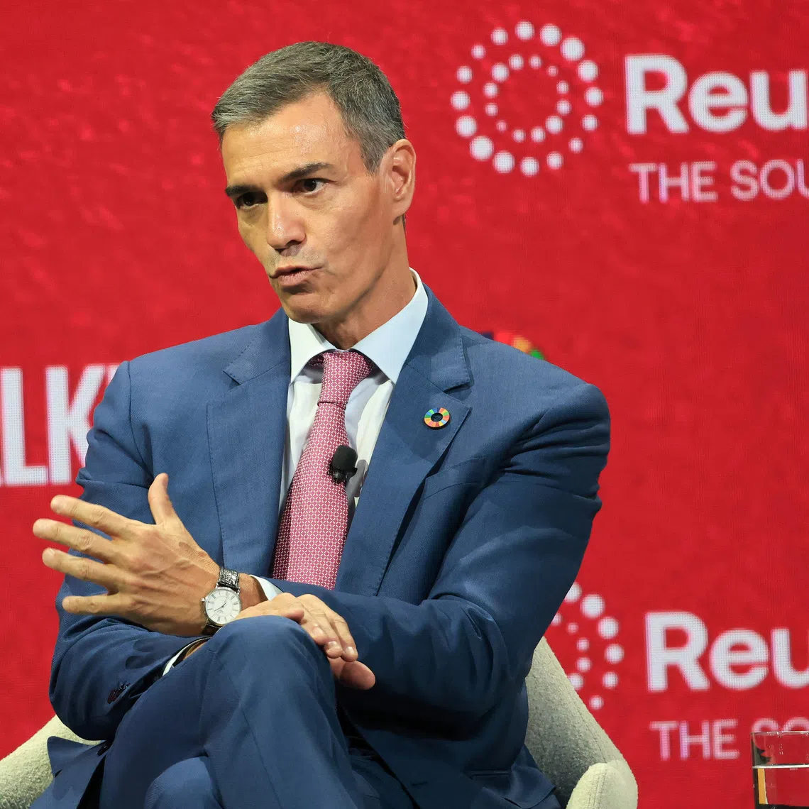 Spanish Prime Minister Pedro Sanchez speaks during an interview with Reuters Editor-in-Chief Alessandra Galloni (not pictured) during the annual Gates Foundation's Goalkeepers Summit in Manhattan, New York City, U.S., September 22, 2025. REUTERS/Caitlin Ochs