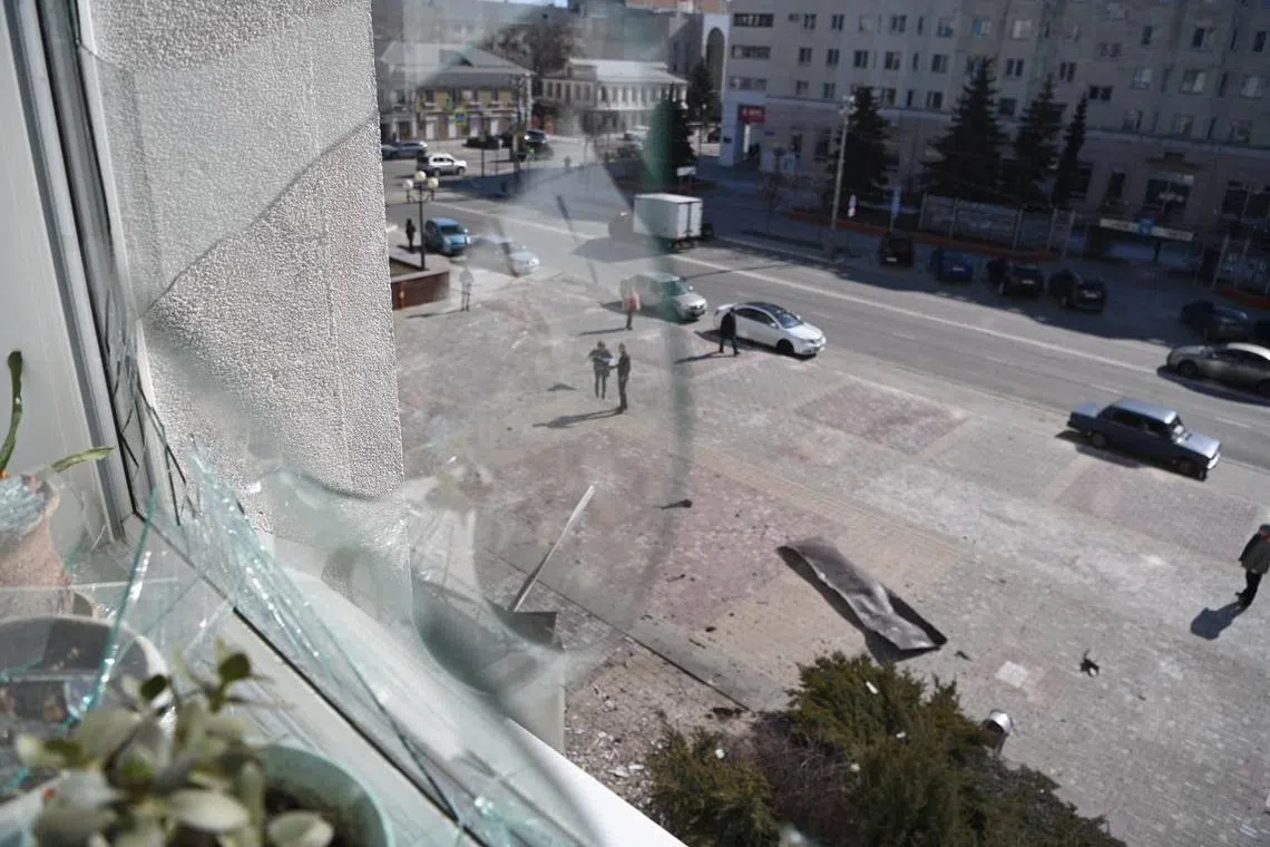 A view of the street from the broken window of the city administration building, which, according to local authorities, was damaged by a Ukrainian drone attack, in Belgorod, Russia March 12, 2024. Mayor of Belgorod City Valentin Demidov via Telegram/Handout via REUTERS/ File photo