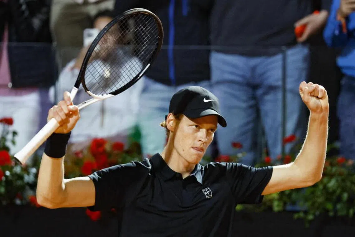 Caption:
epa12107822 Jannik Sinner of Italy celebrates winning his men’s semi-final match against Tommy Paul of USA (not pictured) at the Italian Open tennis tournament in Rome, Italy, 16 May 2025. EPA-EFE/FABIO FRUSTACI