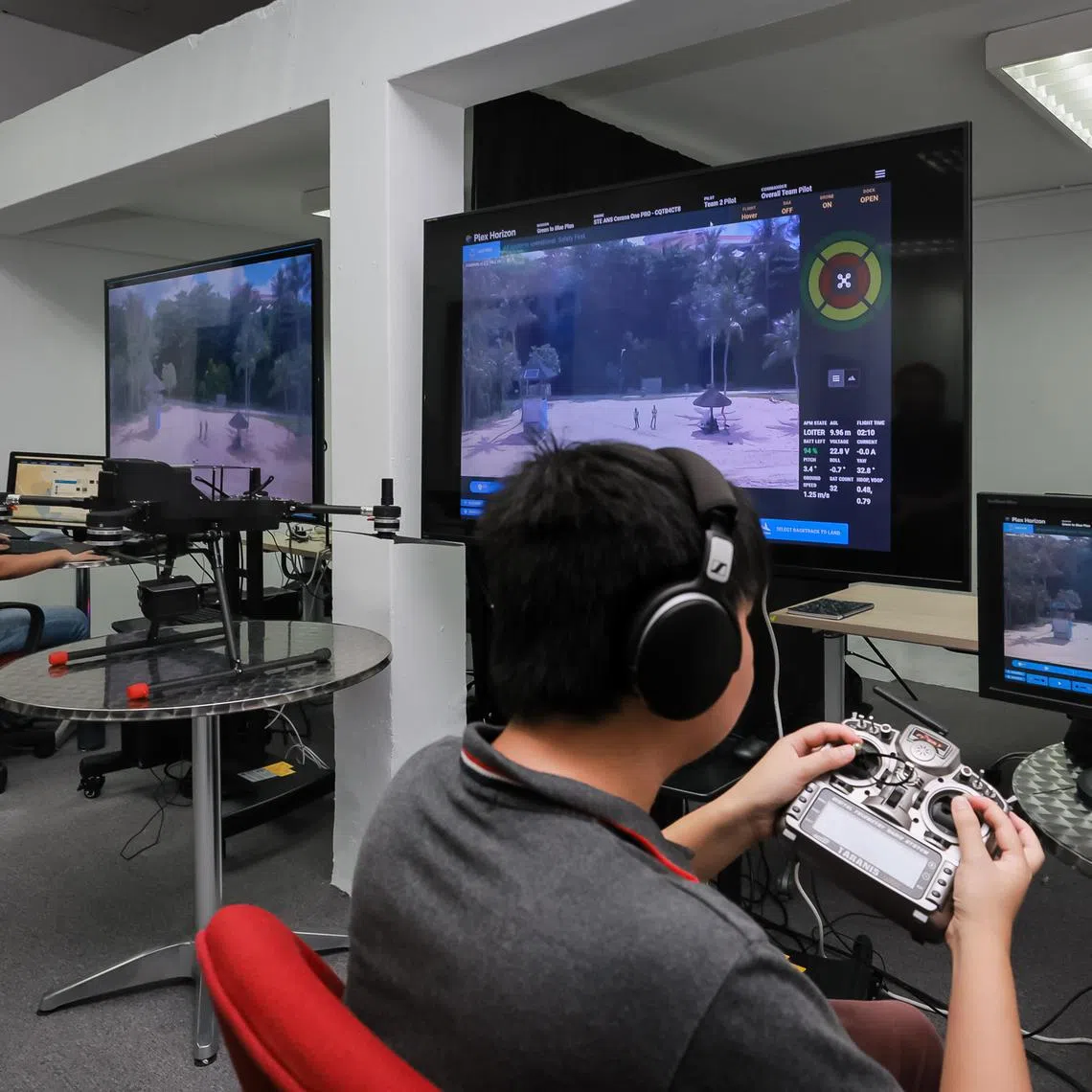 The remote piloted drone using a 5G network being demonstrated during the 5G Sentosa Trial media showcase by HTX and DSTA on Sentosa, July 12, 2023.