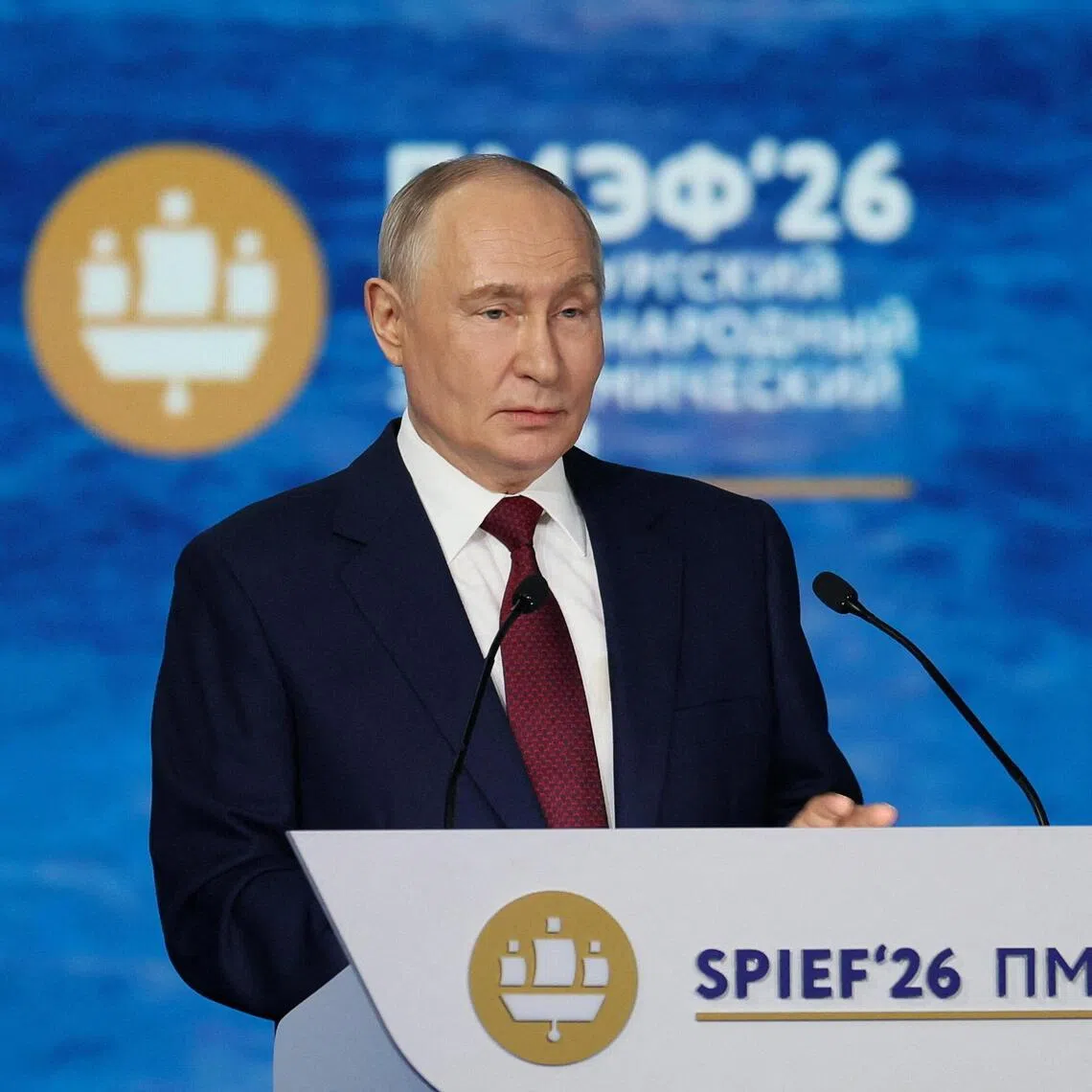 Russian leader Vladimir Putin speaking at the St Petersburg International Economic Forum on June 5.