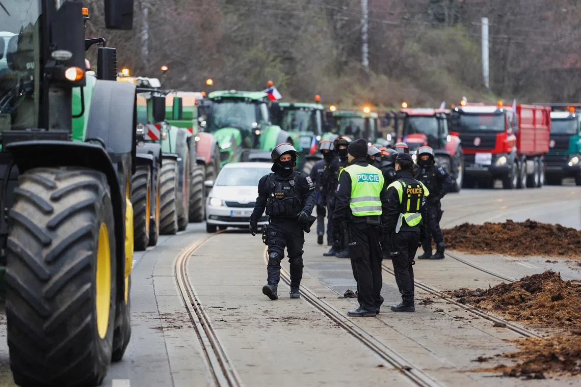 Farmers drive tractors in front of government office, where they dump manure, during a protest against European Union agricultural policies and grievances shared by farmers across Europe, in Prague, Czech Republic, March 7, 2024. REUTERS/Eva Korinkova
