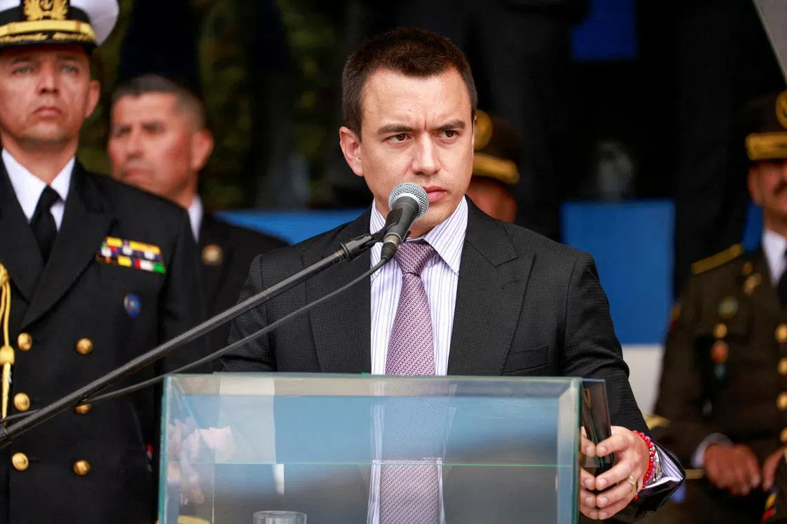 FILE PHOTO: Ecuador President Daniel Noboa speaks during a ceremony to deliver equipment to the National Police, amid the ongoing wave of violence around the nation, in Quito, Ecuador, January 22, 2024. REUTERS/Karen Toro/File Photo