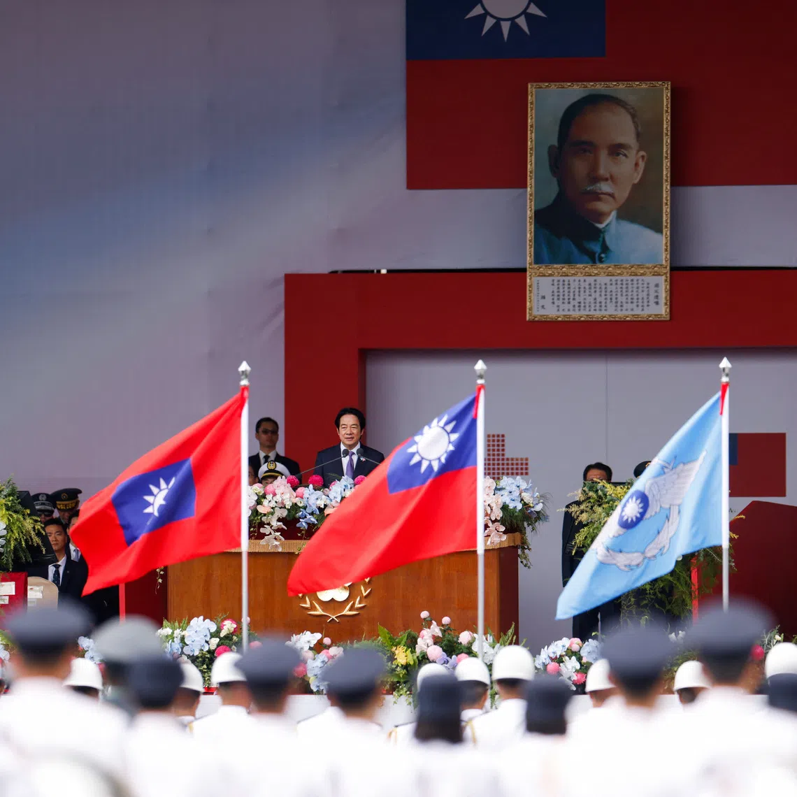 Taiwan President Lai Ching-te speaking during National Day celebrations in Taipei on Oct 10.