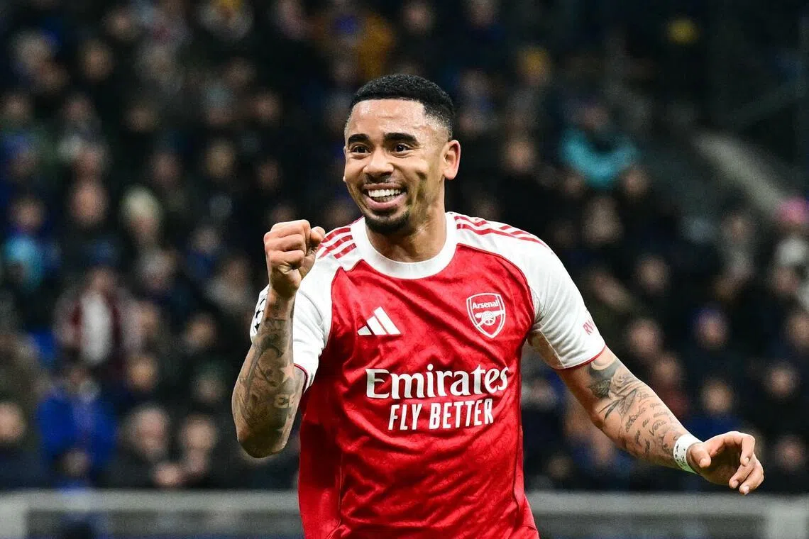 Arsenal's Brazilian striker Gabriel Jesus celebrates scoring his second of two goals in the first half of the match..