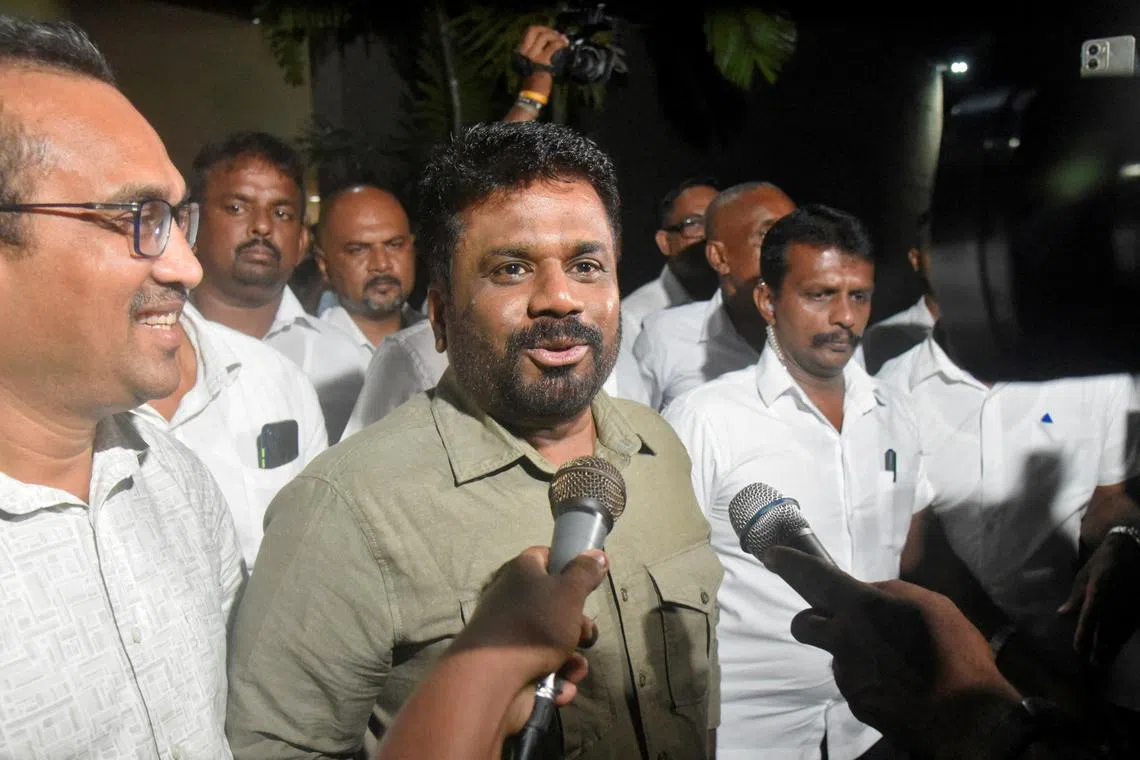 FILE PHOTO: Anura Kumara Dissanayake, the presidential candidate from National People's Power, speaks to the press as he heads to the Election Commission, a day after the presidential election, in Colombo, Sri Lanka, September 22, 2024. REUTERS/Stringer/File Photo