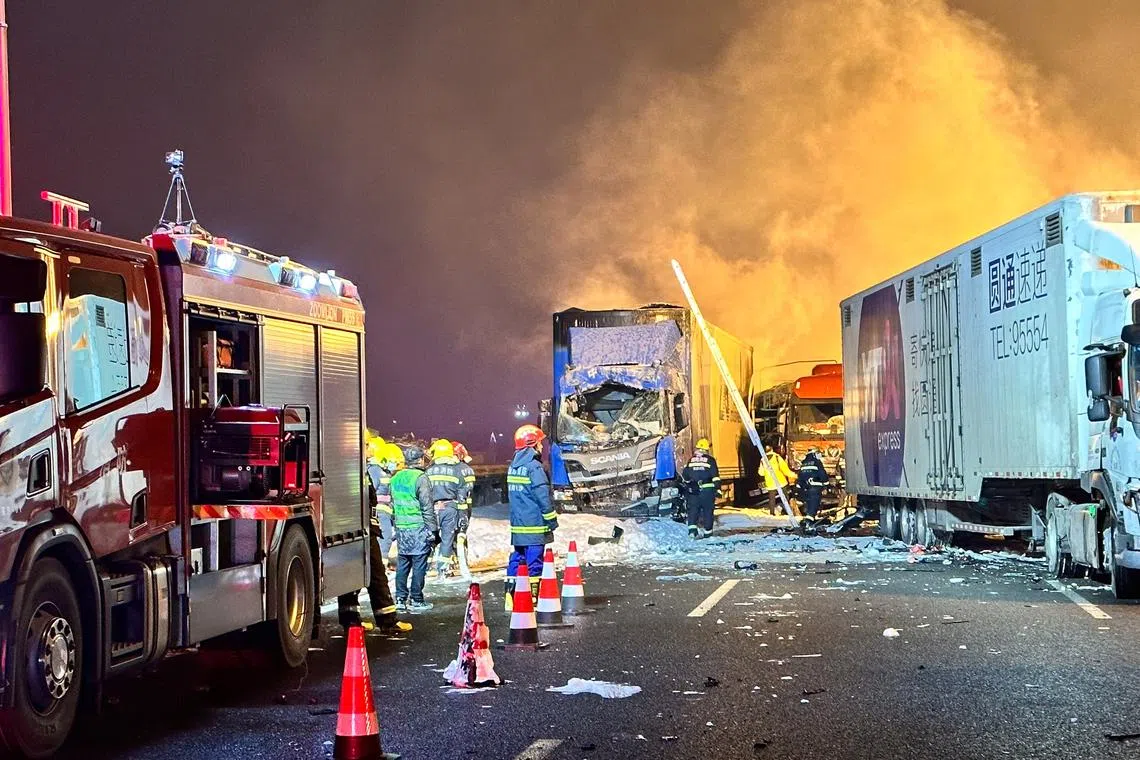 Nearly 50 vehicles were involved in multiple collisions along a highway in Changsha, Hunan province, said local traffic police.