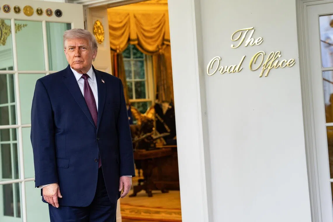 US President Donald Trump speaking to members of the media outside the Oval Office on April 13, 2026.  