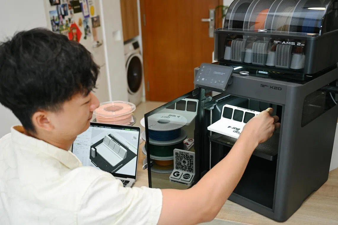 ST20260611_202643200163/ya3dp/Shintaro Tay/Yamini Chinnuswamy//
A story on how some Singaporeans are picking up 3D printing as a hobby, or a way to create bespoke solutions to specific needs/problems in their life. This is thanks to 3D printers from Bambu Labs being as low as ~$650, and the filmanents ("ink") for these printers easily available on e-commerce platforms like Shopee for as low as $20 per 1kg spool. 

These Singaporeans include Wu Linhan, who used 3D printing knowledge that he picked up from a previous job to start to dabble with it in his own life. He first bought a printer for his mother's household in China, and now has his own printer at the Duxton home he shares with his girlfriend. He has printed things for himself and friends -- from a soap holder to a hydro bowl for rinsing fruits & veggies. 
He even took up a course to learn how to 3D print an engagement ring for his girlfriend