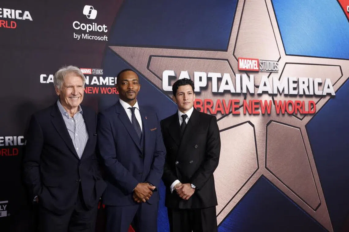 American actors (from left) Harrison Ford, Anthony Mackie and Danny Ramirez attend the premiere of the film Captain America: Brave New World at the TCL Chinese Theatre in Los Angeles, California on Feb 11, 2025. 