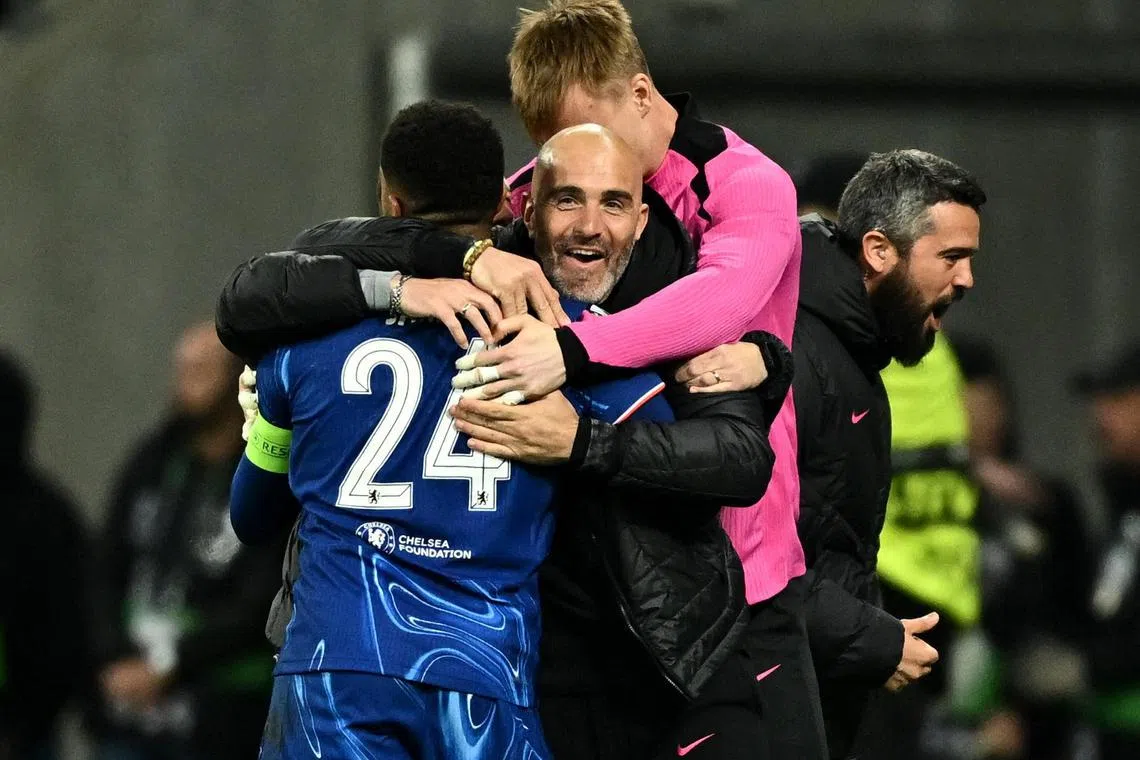 Chelsea manager Enzo Maresca and his players celebrate scoring against Real Betis in the Uefa Conference League final.