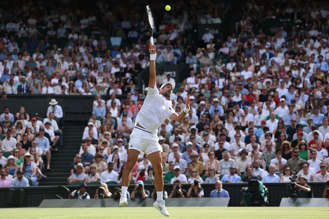 Tennis - Wimbledon - All England Lawn Tennis and Croquet Club, London, Britain - July 5, 2026 Serbia's Novak Djokovic in action during his fourth round match against Russia's Roman Safiullin REUTERS/Toby Melville