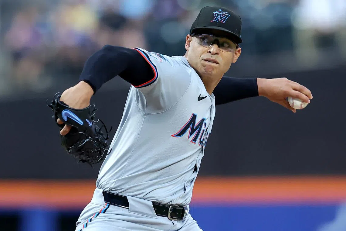 FILE PHOTO: Jun 11, 2024; New York City, New York, USA; Miami Marlins starting pitcher Jesus Luzardo (44) pitches against the New York Mets during the first inning at Citi Field. Mandatory Credit: Brad Penner-USA TODAY Sports/File Photo