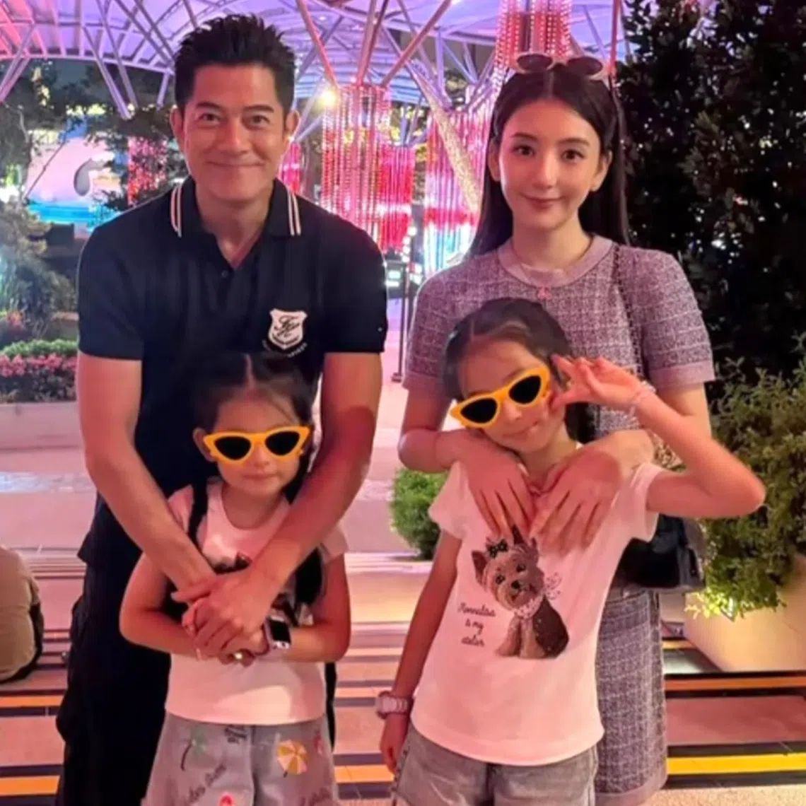 Aaron Kwok with his wife Moka Fang and their two elder daughters were in Singapore in August for a family holiday. Kwok and Fang have a third daughter who turns one in October.