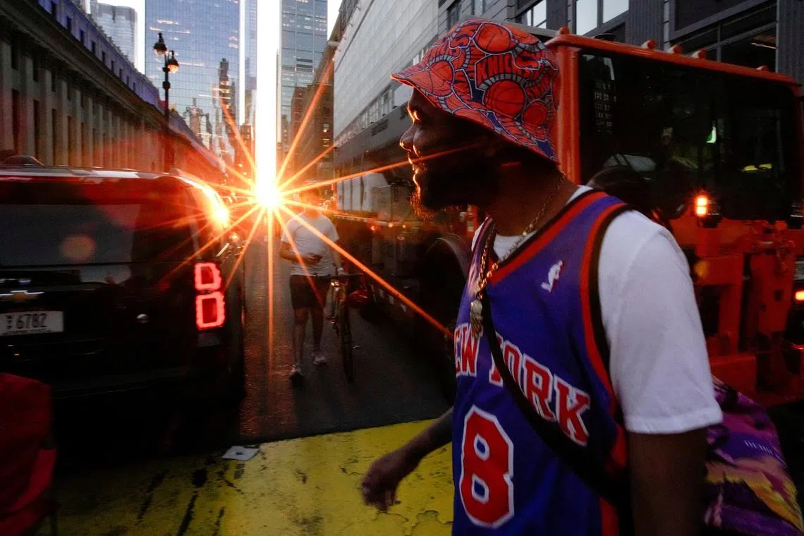 A fan arriving at Madison Square Garden during Game Three of the NBA Finals between the New York Knicks and San Antonio Spurs, in New York City, US, on June 8, 2026.