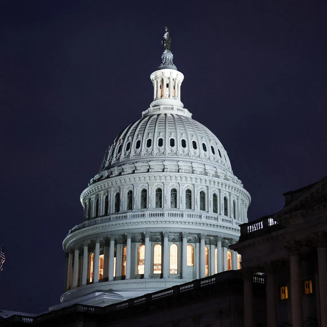 A view of the U.S. Capitol building at night in Washington, D.C., U.S., March 2, 2026. REUTERS/Kylie Cooper