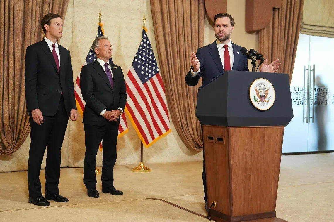 US Vice President JD Vance speaks during a news conference after meeting with representatives from Pakistan and Iran, as Mr Jared Kushner and Mr Steve Witkoff listen, on April 12, 2026, in Islamabad, Pakistan..