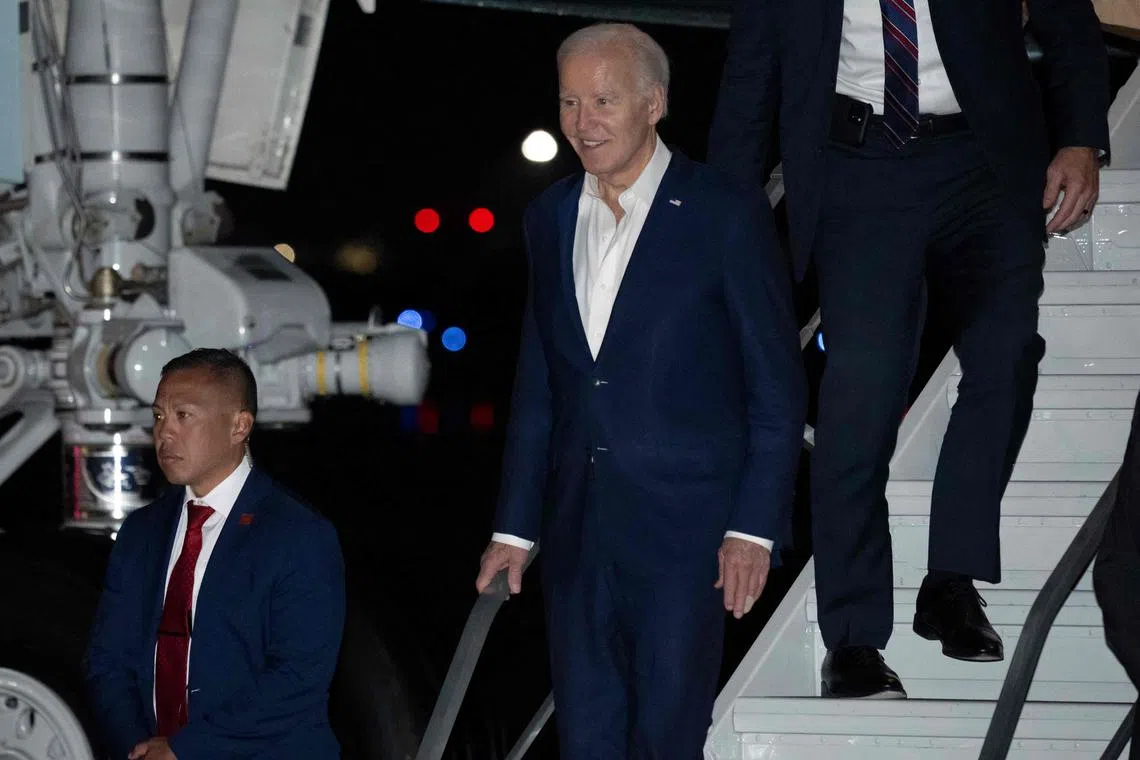 US President Joe Biden disembarking from Air Force One on Nov 19, upon his arrival in the US following the G-20 Summit in Brazil. 
