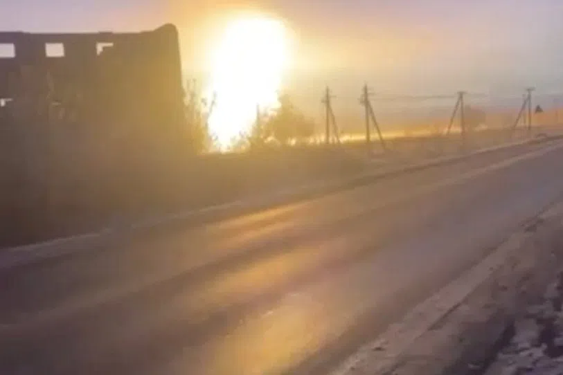 A blaze erupts after an accident on an underground section of a gas pipeline in the Omsk Region, Russia November 18, 2025. Russia's Prosecutor's Office In Omsk Region/Handout via REUTERS