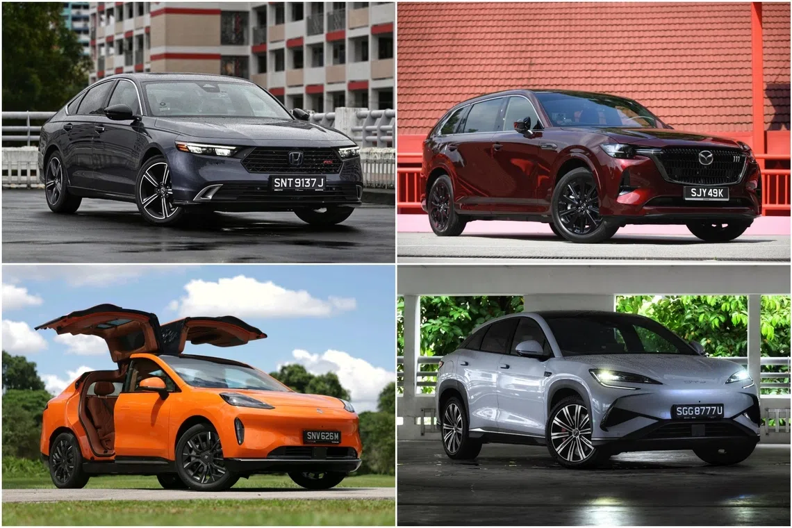 (Clockwise from top left) The Honda Accord, the Mazda CX-80 and Chinese EVS BYD Sealion 7 and the Hyptec HT.