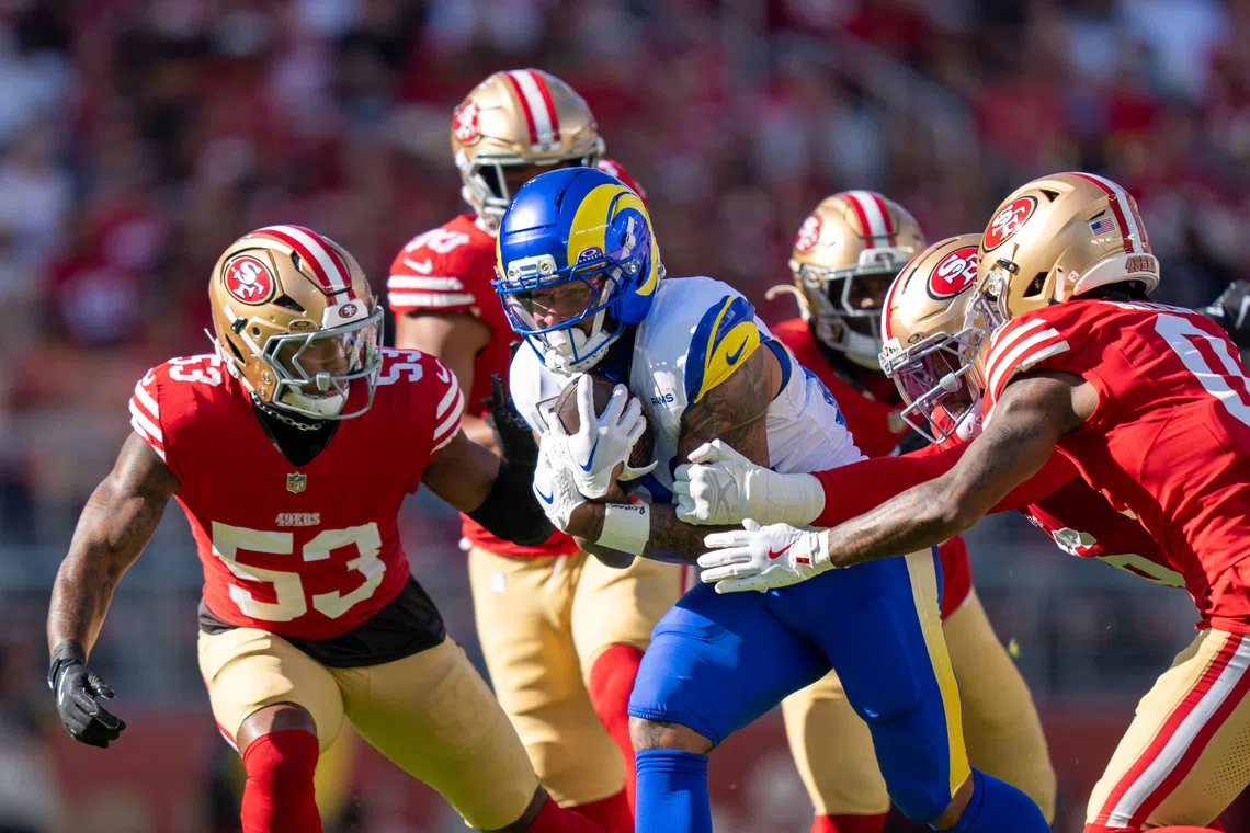 November 9, 2025; Santa Clara, California, USA; Los Angeles Rams running back Kyren Williams (23) during the first quarter against the San Francisco 49ers at Levi's Stadium. Mandatory Credit: Kyle Terada-Imagn Images
