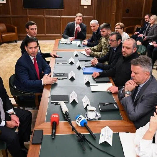 US Secretary of State Marco Rubio (centre left), flanked by White House Special Envoy Steve Witkoff and Mr Jared Kushner, during a meeting with Ukrainian officials headed by national security council secretary Rustem Umerov (centre right) in Hallandale Beach, Florida.