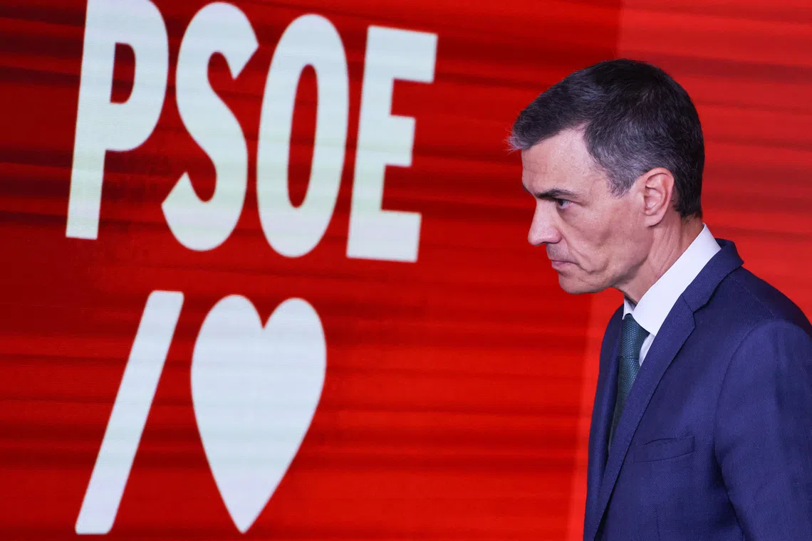 Spain's Prime Minister Pedro Sanchez, who is also a leader of the Socialist ruling party (PSOE), holds a press conference in Madrid, Spain June 16, 2025. REUTERS/Nacho Doce/File Photo