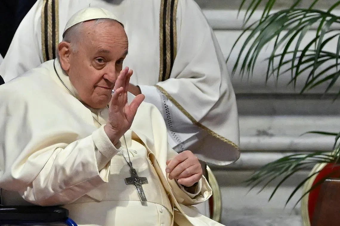 Pope Francis leaves after the Mass of the Chrism at the Saint Peter's Basilica in the Vatican City, on April 6, 2023. 