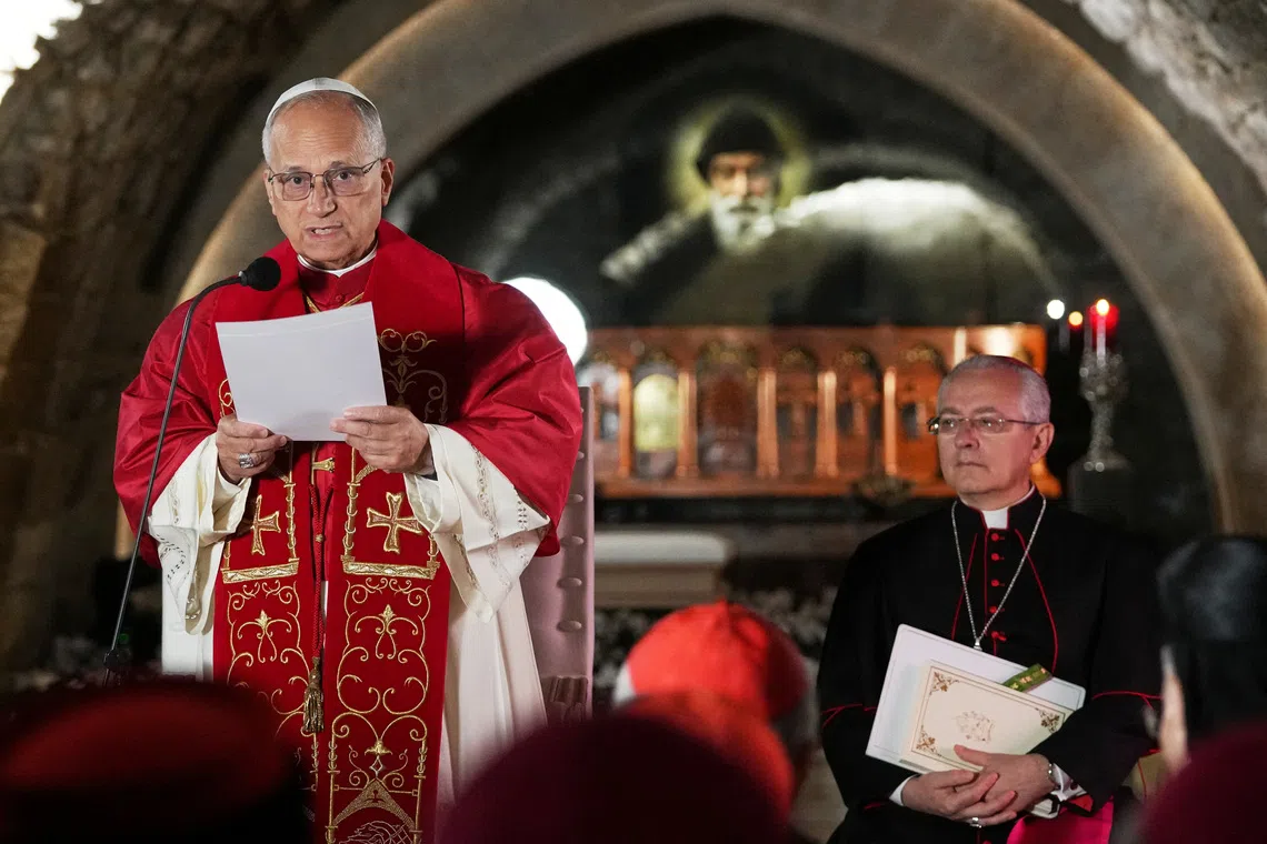 Pope Leo XIV delivers his speech in front of the tomb of Saint Charbel Makhlouf at the Monastery of Saint Maroun, in Annaya, Lebanon, Monday, Dec. 1, 2025.     Domenico Stinellis/Pool via REUTERS