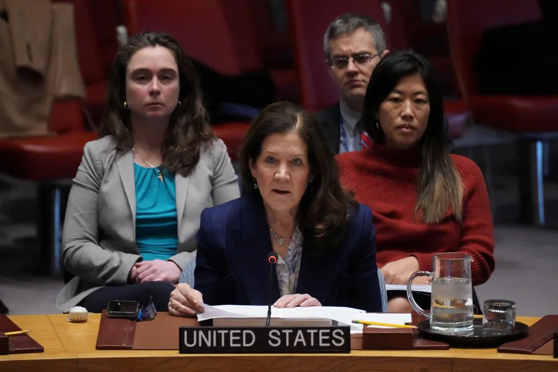 FILE PHOTO: Dorothy Camille Shea, United States Ambassador to the United Nations, addresses a Security Council meeting at the United Nations headquarters in New York City, U.S., March 18, 2025. REUTERS/Adam Gray/File Photo