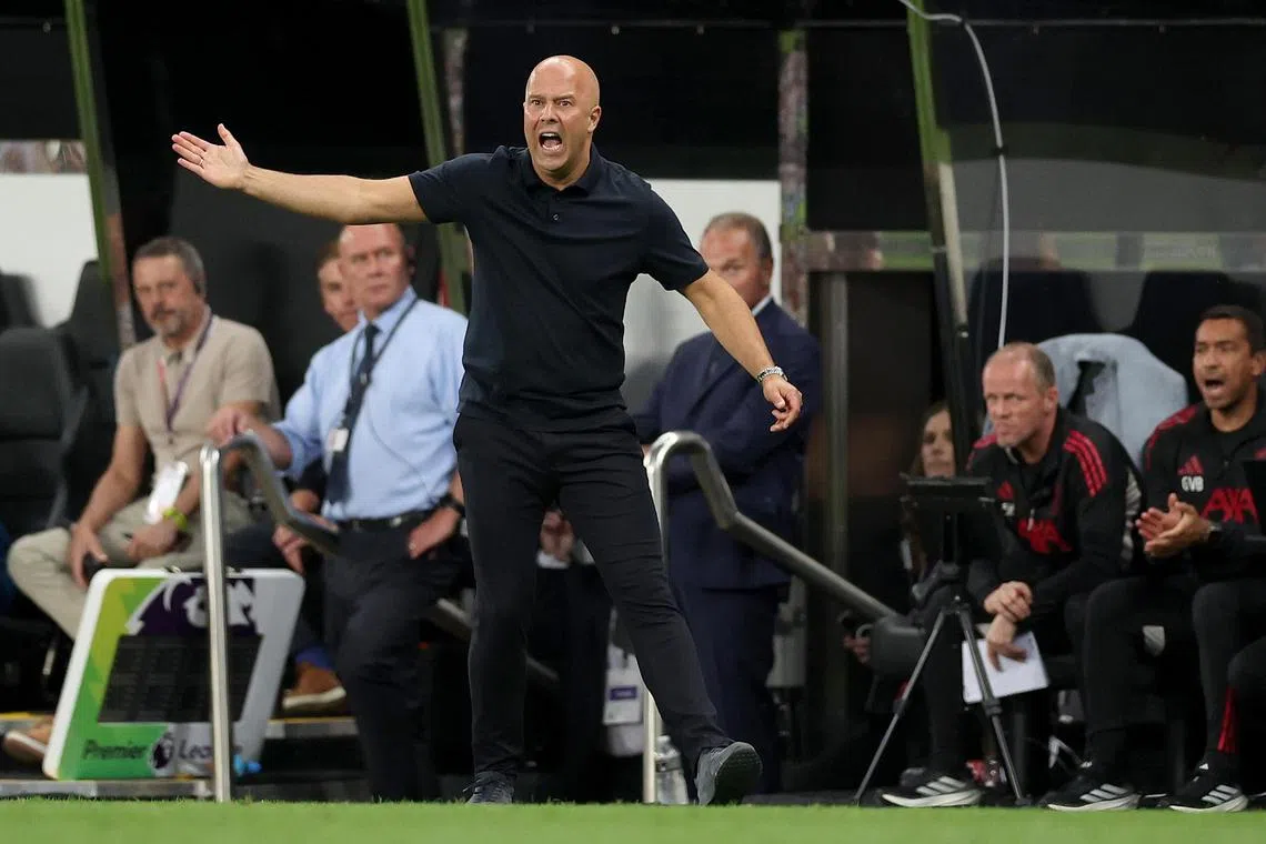 Liverpool manager Arne Slot gestures on the touchline during the English Premier League match against Newcastle United.