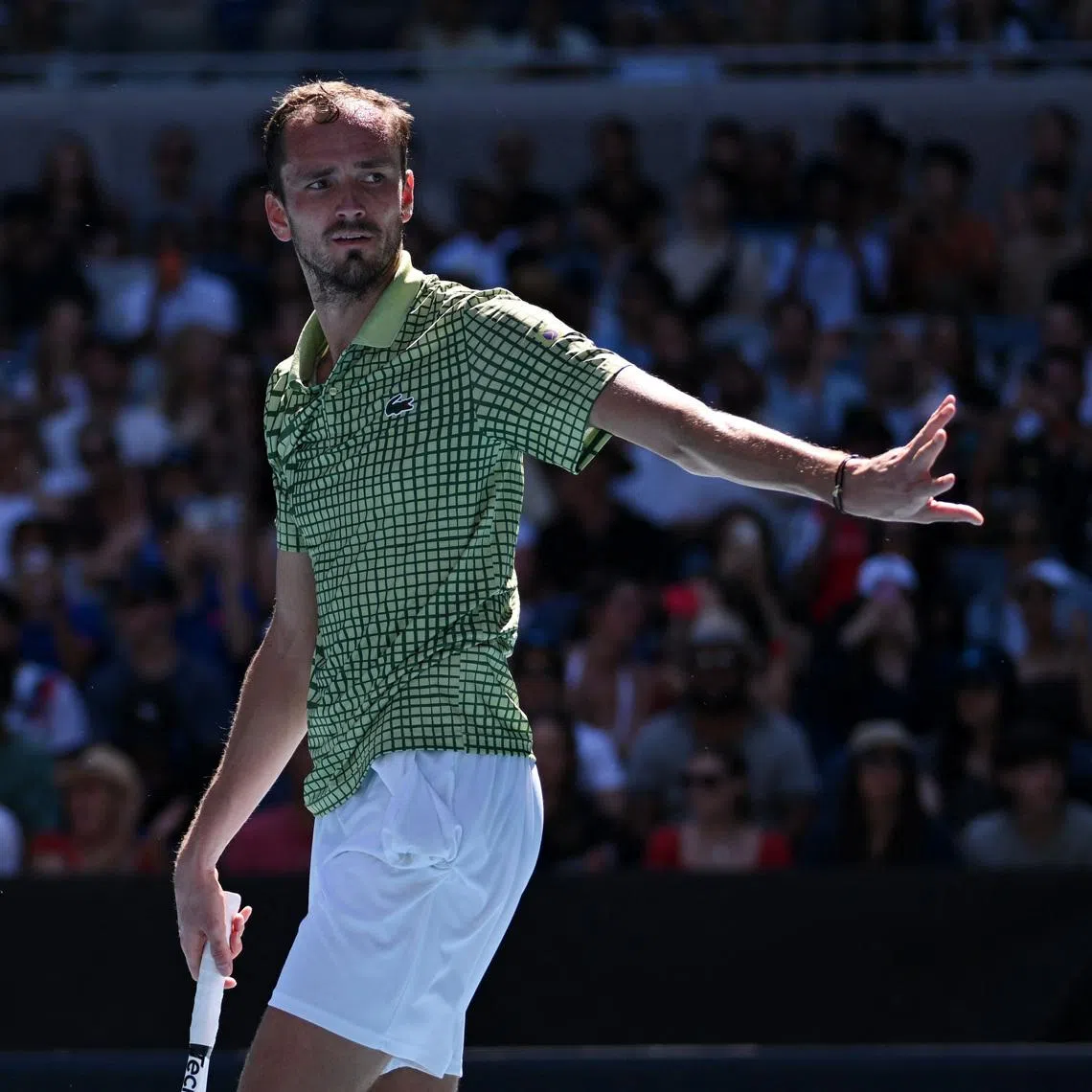 Tennis - Australian Open - Melbourne Park, Melbourne, Australia - January 21, 2026 Russia's Daniil Medvedev reacts during his second round match against France's Quentin Halys REUTERS/Jaimi Joy