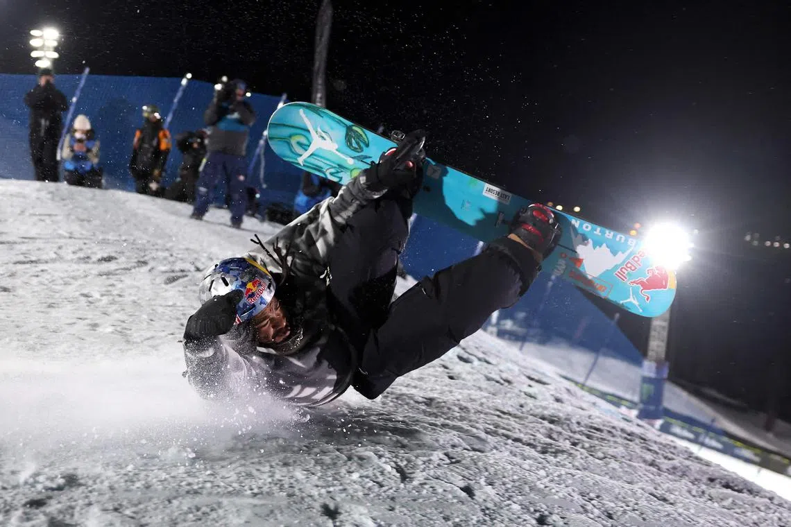 American Zeb Powell competing in the men's Snowboard Knuckle Huck at the X Games Aspen 2025 on Jan 24.