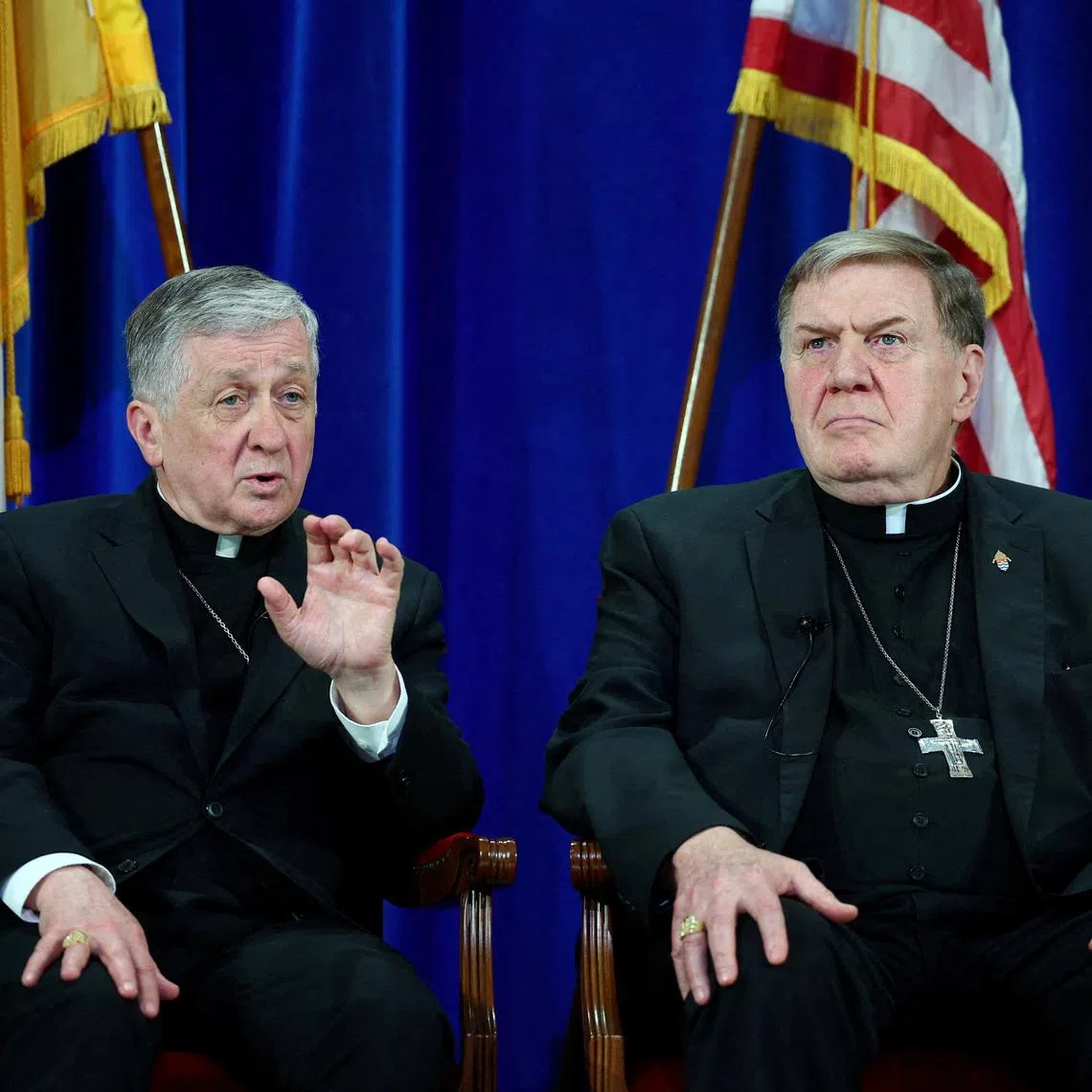 FILE PHOTO: Cardinals Joseph Tobin and Blase Cupich attend a press conference following the election of Pope Leo XIV, at the Pontifical North American College in Rome, Italy, May 9, 2025. REUTERS/Guglielmo Mangiapane/File Photo