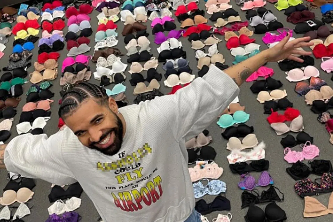 Rapper Drake showed off his collection of bras, that was thrown at him by fans, in a post on social media.