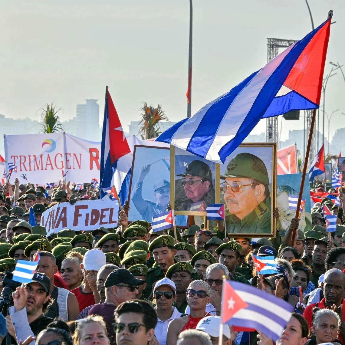 A rally in support of former Cuban president Raul Castro, who has been indicted by a US court, outside the US embassy in Havana on May 22.