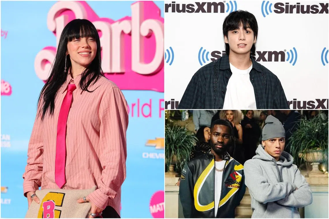 (Clockwise from left) Billie Eilish, BTS' Jungkook and British rappers Central Cee and Dave.