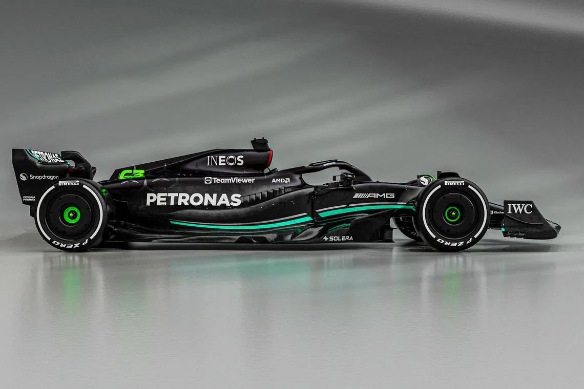Mercedes' new racing car for the 2023 season is revealed during a launch event at Britain's Silverstone motor racing venue, on Feb 15, 2023.