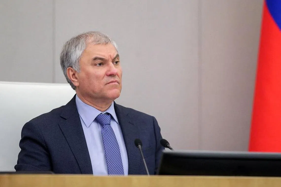 Russia's State Duma Speaker Vyacheslav Volodin attends a plenary session of the lower house of parliament to discuss a bill allowing the confiscation of property from those convicted of a number of crimes including spreading \"deliberately false information\" about the Russian army, in Moscow, Russia January 24, 2024. Russian State Duma/Handout via REUTERS/File Photo