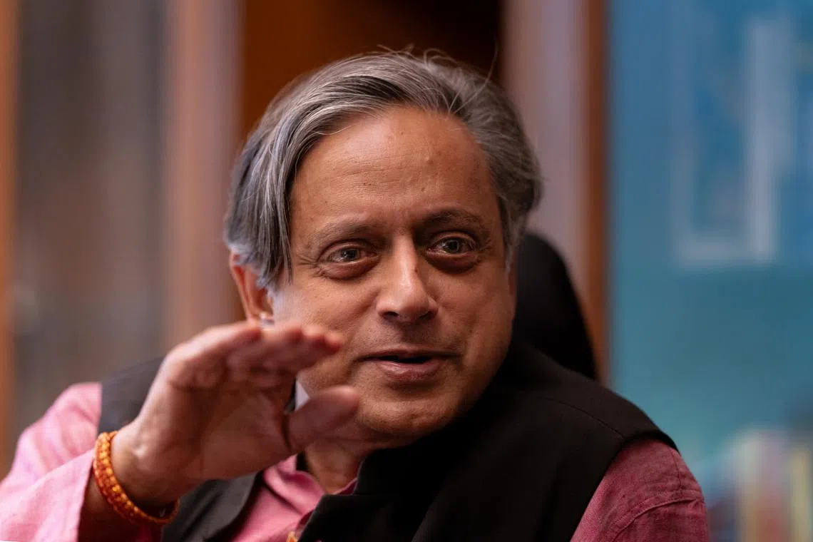 Senior member of the Indian National Congress Shashi Tharoor speaks during an interview in New Delhi, on July 3, 2024. 