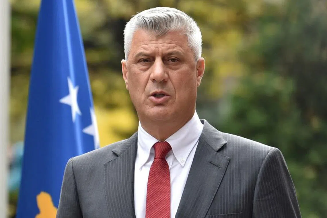 Kosovo's President Hashim Thaci speaks during a news conference as he resigns to face war crimes charges at a special court based in the Hague, in Pristina, Kosovo, November 5, 2020. REUTERS/Laura Hasani/File Photo